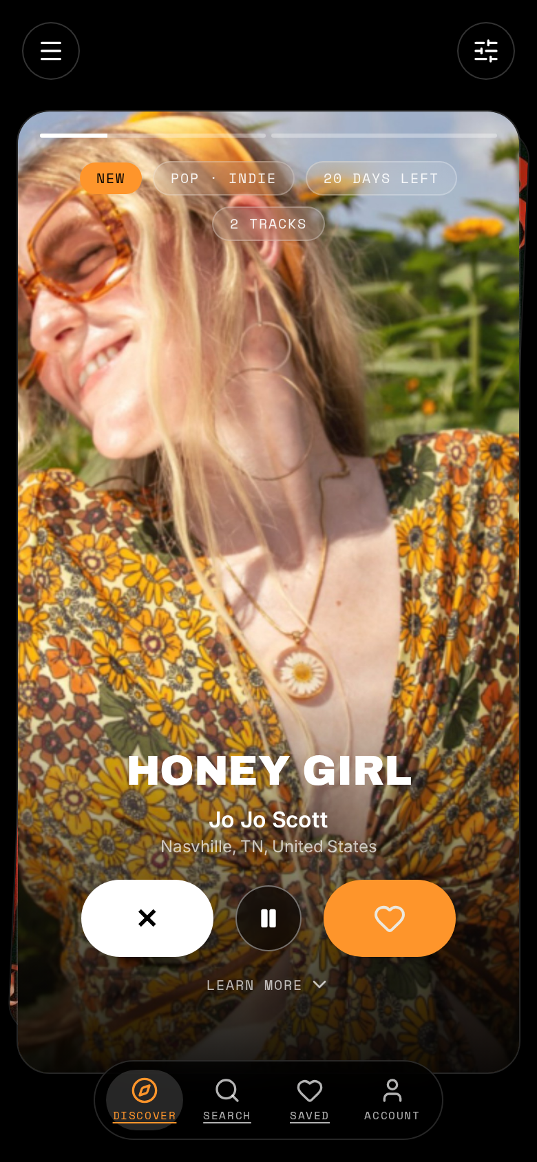 Jo Jo Scott's Honey Girl swipe card in Discover, playing a preview with the story progress bar