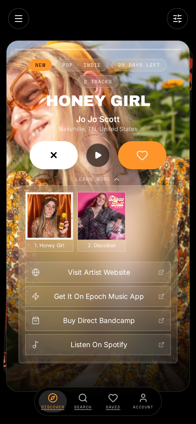 Jo Jo Scott's Honey Girl swipe card with the chevron open, showing tracks and fan links